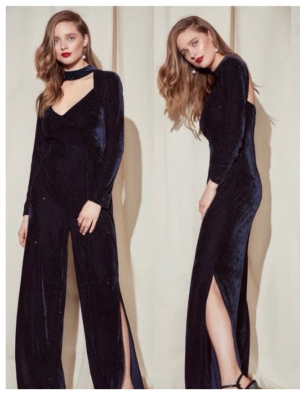 NASTY GAL NAVY BLUE VELVET JUMPSUIT WITH SILVER SPARKLES  RHINESTONES. SIZE 2.
